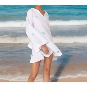 NWT $259 FANM MON x ANDIE The Serik Mini Dress Linen‎ Embroidered Floral WHITE M